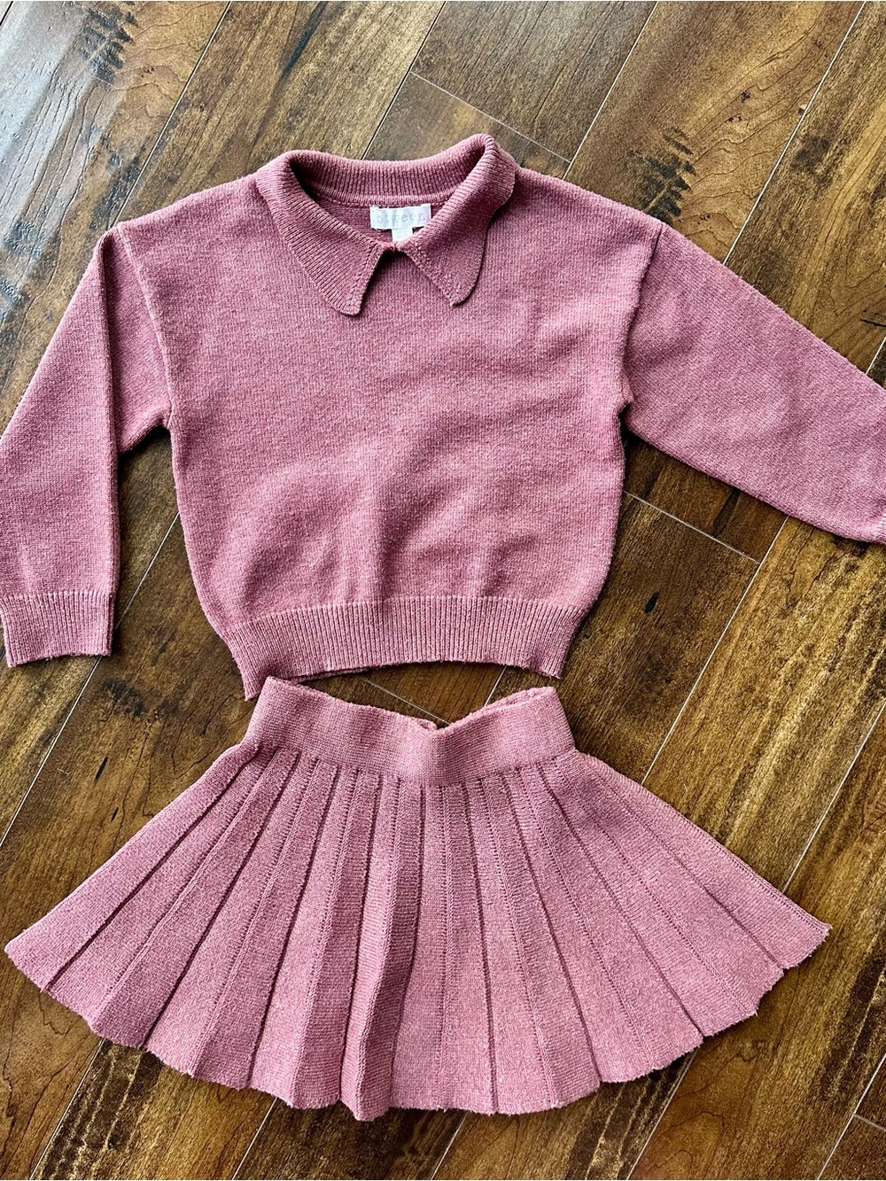 btween Rose Pink Knit Collared Sweater & Pleated Skirt Set Preppy Girls 4/5